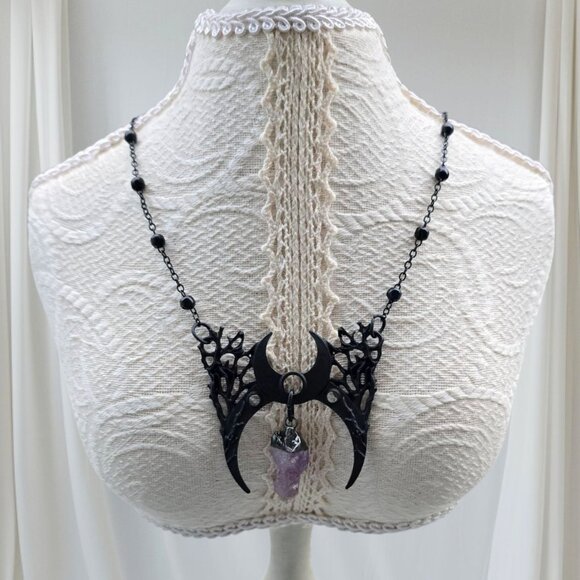 Branch Crescent Necklace – Restyle ✦ Raw Amethyst Crystal ✦ Moon Phases ✦ Rare - Picture 1 of 6